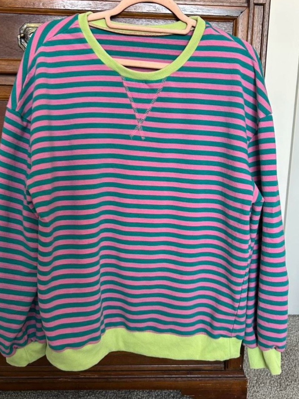 Striped Crewneck Sweatshirt in Teal & Pink with Lime Trim